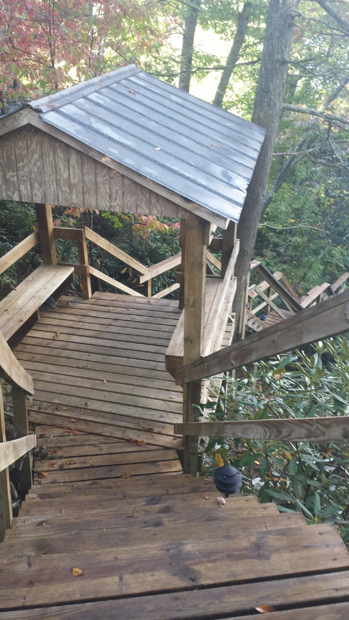 Metal roofed shelter over wooden steps on a wooded walkway — Skylight Repair & Installation work by our crew in Fergus Falls